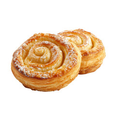 Fototapeta premium Sweet Pastry Swirls: Two golden, flaky pastry swirls with a delicate swirl of cream and a dusting of powdered sugar, a delightful and tempting treat for any occasion. 