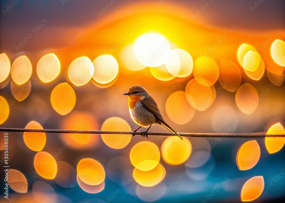 Poster bird perched on power lines with bokeh background - stock photo
