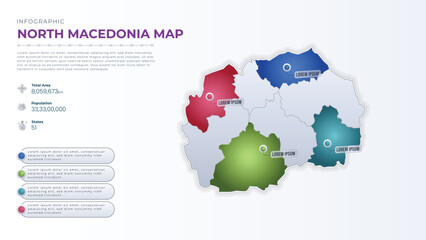 Total Area, Papulation, States & More Detailed Infographic Map of North Macedonia. North Macedonia country map infographic colored vector template with regions and pointer marks.