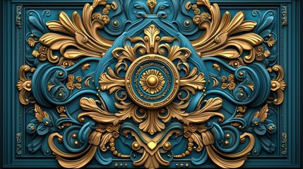 Ornate blue and gold decorative wall panel with intricate designs.