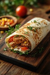 Delicious Chicken Wrap on Rustic Wooden Board with Fresh Vegetables and Herbs in Warm Natural Light