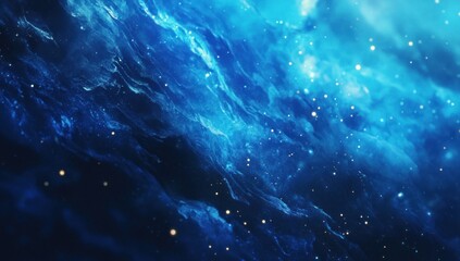 Abstract blue nebula with glowing particles.