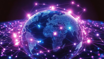 Obraz premium Vibrant Digital Network Connecting Continents and Cities on Earth with Colorful Lights Representing Global Connectivity and Information Exchange
