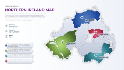 Obraz premium Total Area, Papulation, States & More Detailed Infographic Map of Northern Ireland. Northern Ireland country map infographic colored vector template with regions and pointer marks.