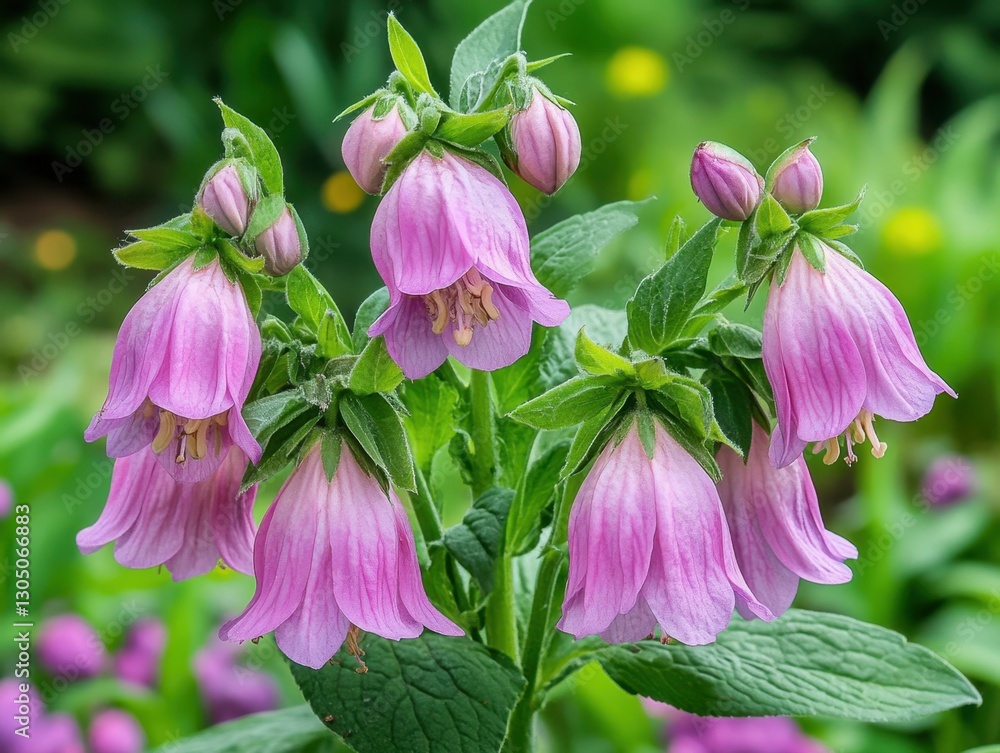 Poster enchanting drooping bellflower blossoms in a garden setting with a shallow depth of field and soft l