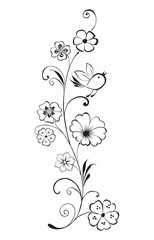 Contour drawing of decorative floral fantasy twig with bird, blooming flowers, vector illustration