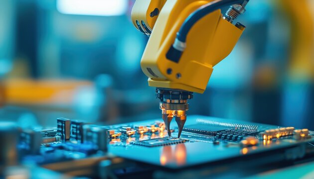 Cutting-Edge Robotic Arm In Well-Lit Electronics Factory For Precision Component Installation On Circuit Boards. Automated Modern Pcb Assembly In Electronic Devices Production Industry.
