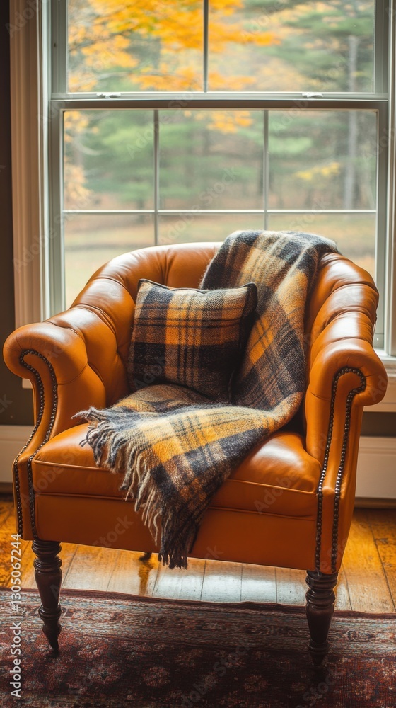 Poster cozy armchair with plaid blanket and pillow near window in autumn setting creating a warm and inviti