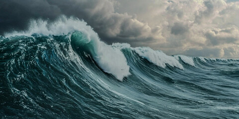 Stormy waves crash under a moody sky, showcasing the power and beauty of the ocean's turbulent waters.