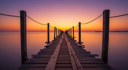Naklejka premium Wooden pier at sunrise with misty horizon for travel blogs, meditation themes, and nature photography