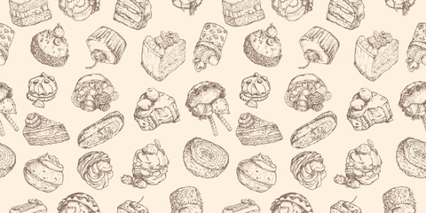 Seamless pattern of sketches of various delicious cakes, biscuits, with fresh fruits, cream, hand drawn vector illustration, food background, paper, wrapping, fabric, wallpaper