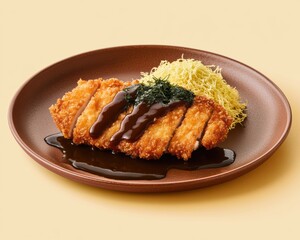 Traditional Tonkatsu Dish with Dark Miso Sauce and Shredded Cabbage