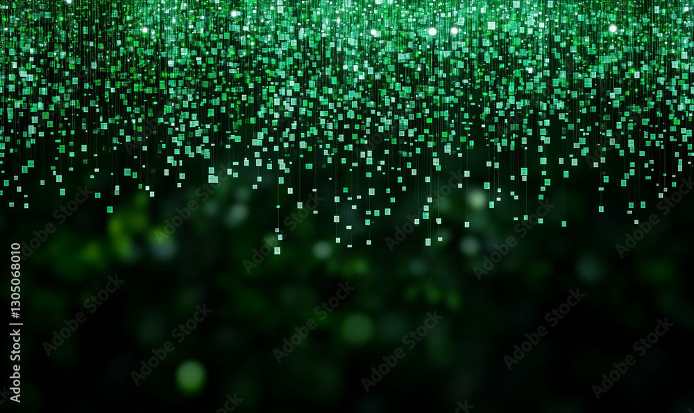 Poster digital pattern with green squares and bokeh lights. digital green pattern with bokeh lights falling