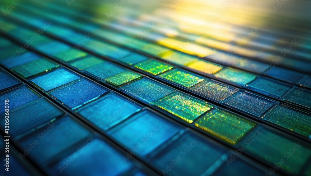 Poster vibrant geometric tiles in shades of blue and green with a hazy light reflection creating a modern a