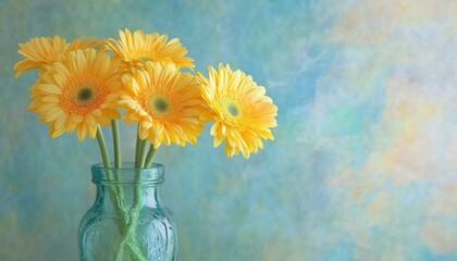 Obraz premium Vibrant Yellow Gerbera Flowers In A Vase With Blue And Cream Background, Perfect For Spring And Summer DéCor. Classic And Beautiful.