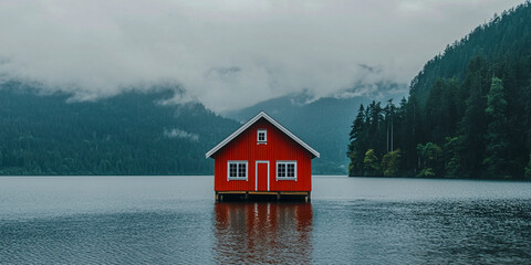 A serene red cabin rests on calm waters, surrounded by lush green mountains under a cloudy sky, creating a tranquil and picturesque landscape.