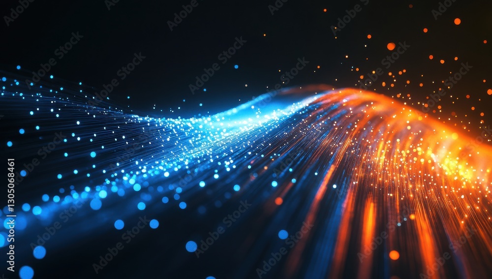 Poster vibrant glowing particles flowing through space creating a dynamic wave of light in blue and orange 