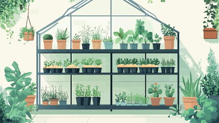 Illustration depicting a small indoor greenhouse with a metal frame. The greenhouse contains multiple shelves filled with a variety of potted plants, including succulents, cacti, and other