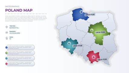Total Area, Papulation, States & More Detailed Infographic Map of Poland. Poland country map infographic colored vector template with regions and pointer marks.