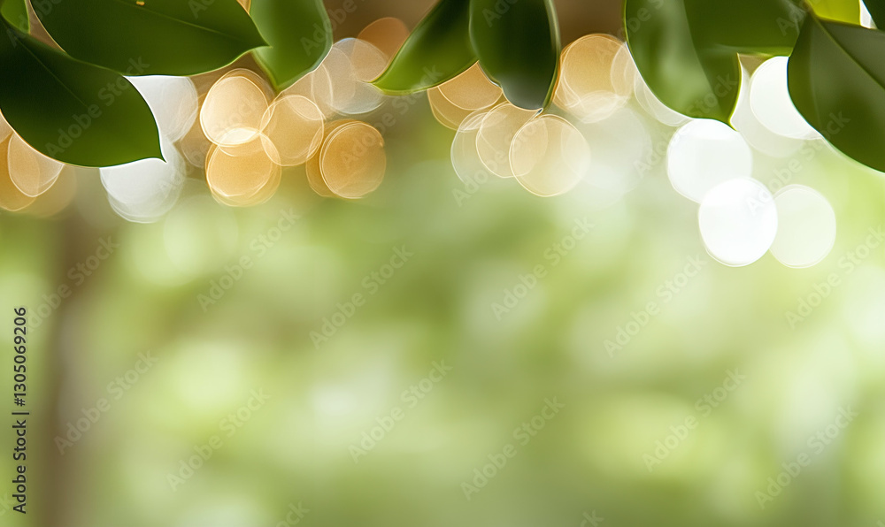 Poster green leaves and bokeh lights nature background. green leaves with bokeh lights create a soft nature