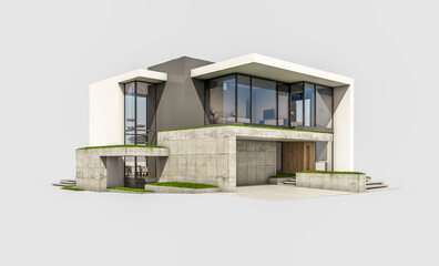 3d rendering of flat roof house with parking and pool for sale or rent with concrete facade and beautiful landscaping on background. Isolated on white