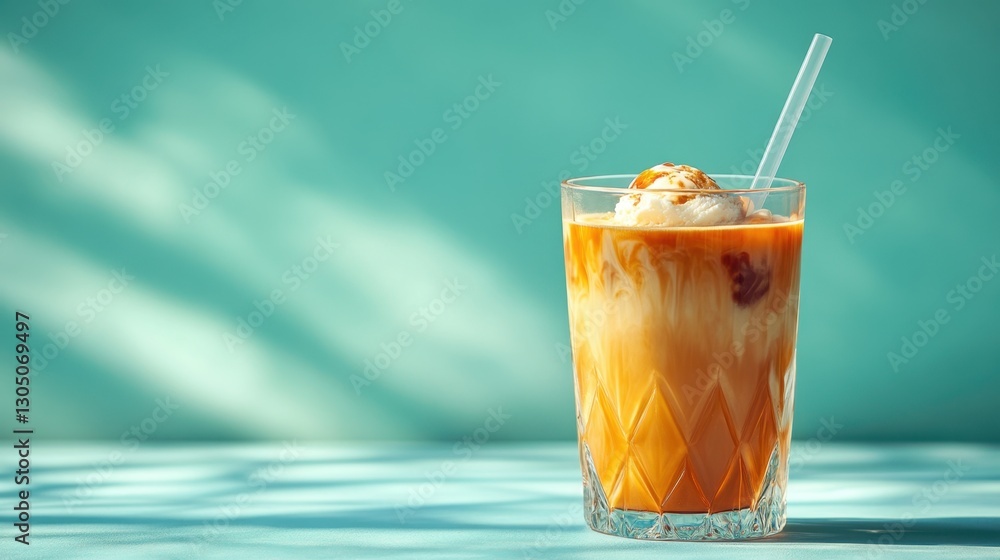 Poster iced coffee with ice cream and caramel drizzle in a glass on a light blue background with shadow pat