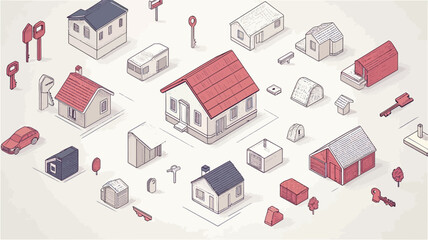 The image is a digitally created isometric illustration. It features a collection of various small, stylized houses and urban elements rendered in a consistent isometric perspective.  The