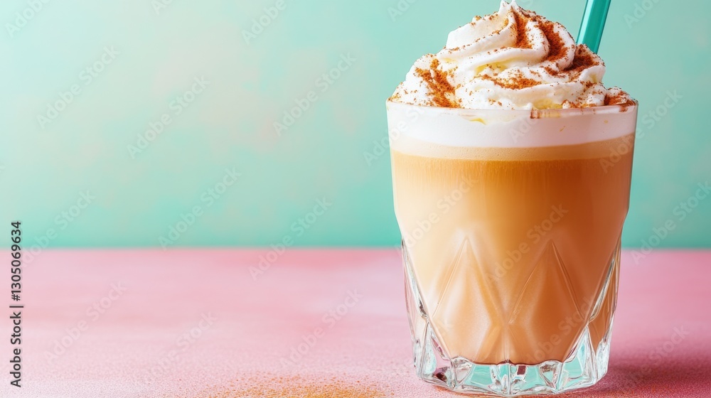 Poster delicious iced latte with whipped cream and cinnamon on a pink table against a mint background creat