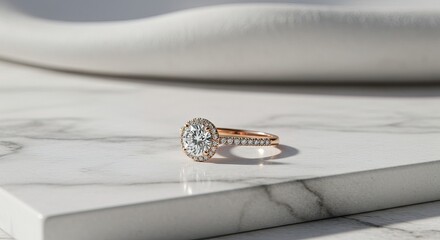 A stunning rose gold engagement ring featuring an ovalcut diamond, accented by a halo and pave band. Showcased on a marble surface.