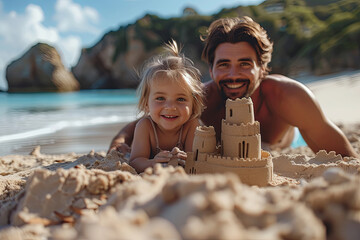 Family Enjoying Time With Sandcastle