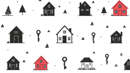 The image is a vector illustration of a repeating pattern.  The pattern features small, simple illustrations of houses in black, white, and red.  Scattered amongst the houses are simple key