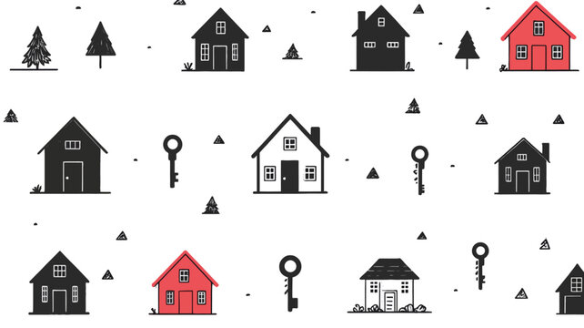 The image is a vector illustration of a repeating pattern.  The pattern features small, simple illustrations of houses in black, white, and red.  Scattered amongst the houses are simple key
