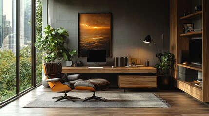 Obraz premium Modern Minimalist Home Office with Stylish Furniture and Scenic Window View Overlooking Cityscape
