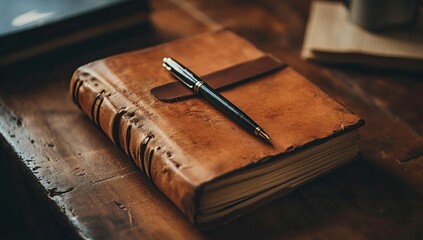 A worn leather book with an aged, mysterious cover sits on the table in front of you