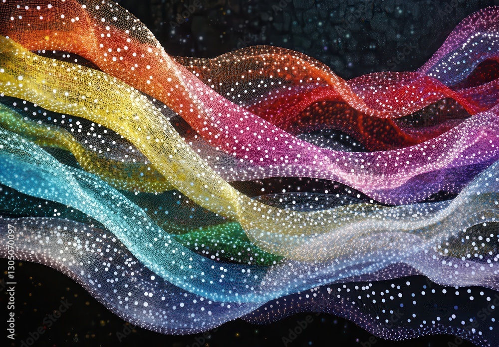 Poster vibrant waves of color flowing gracefully in abstract digital art with dots and soft textures on a d