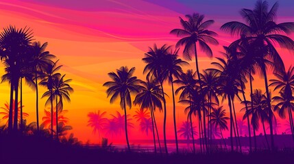 Vibrant Sunset Paradise: Tropical Palms Silhouetted Against a Fiery Sky