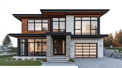 Modern House Exterior Front View, Suburban Location, Evening Light, Architectural Design, Stock Photo