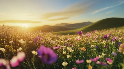 Fototapeta premium Vibrant wildflower field at sunset with mountains in the background