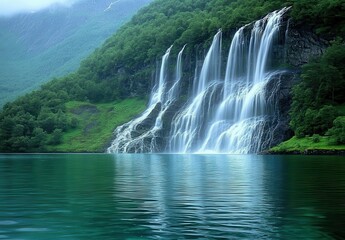 Fototapeta premium Serene Waterfall Cascading into Crystal Clear Lake Surrounded by Lush Greenery and Majestic Mountains Under a Tranquil Misty Atmosphere
