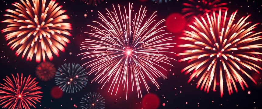 elegant red theme fireworks and bokeh abstract background concept backdrop illustration cartoon