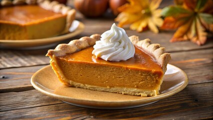 A delicious slice of pumpkin pie, topped with whipped cream, rests on a rustic wooden table, alongside a whole pie in the background, autumn leaves adding a seasonal touch