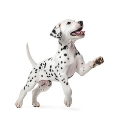 Playful Dalmatian Puppy on White Background with Detailed Spots and Energetic Stance
