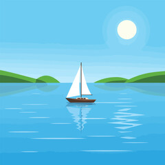 Sailing Boat on Calm Water with Green Hills and Bright Sun