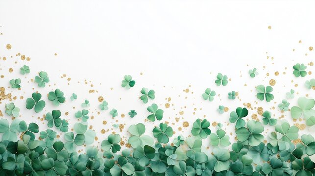 Green clovers in various shades with golden sparkles scattered on a white background, ideal as a wallpaper for a fresh and lucky - themed design.