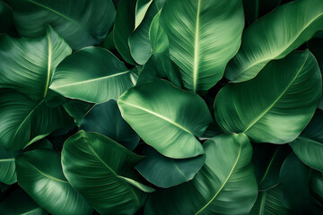 a lush, green background of large leaves,