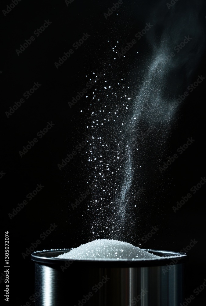 Poster white sugar granules gracefully fall from a container creating an artistic display against a dark ba