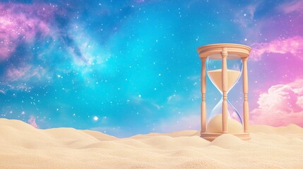Serene Hourglass on Sands with Colorful Cosmic Background at Dusk
