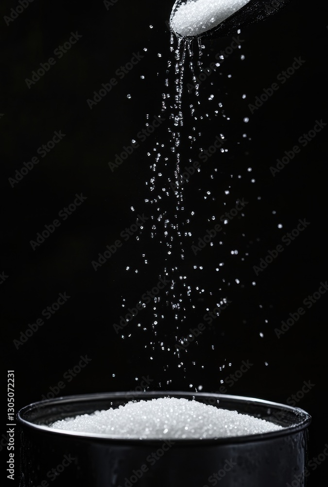 Poster white sugar pouring from a spoon into a clear glass container on a dark background showcasing textur