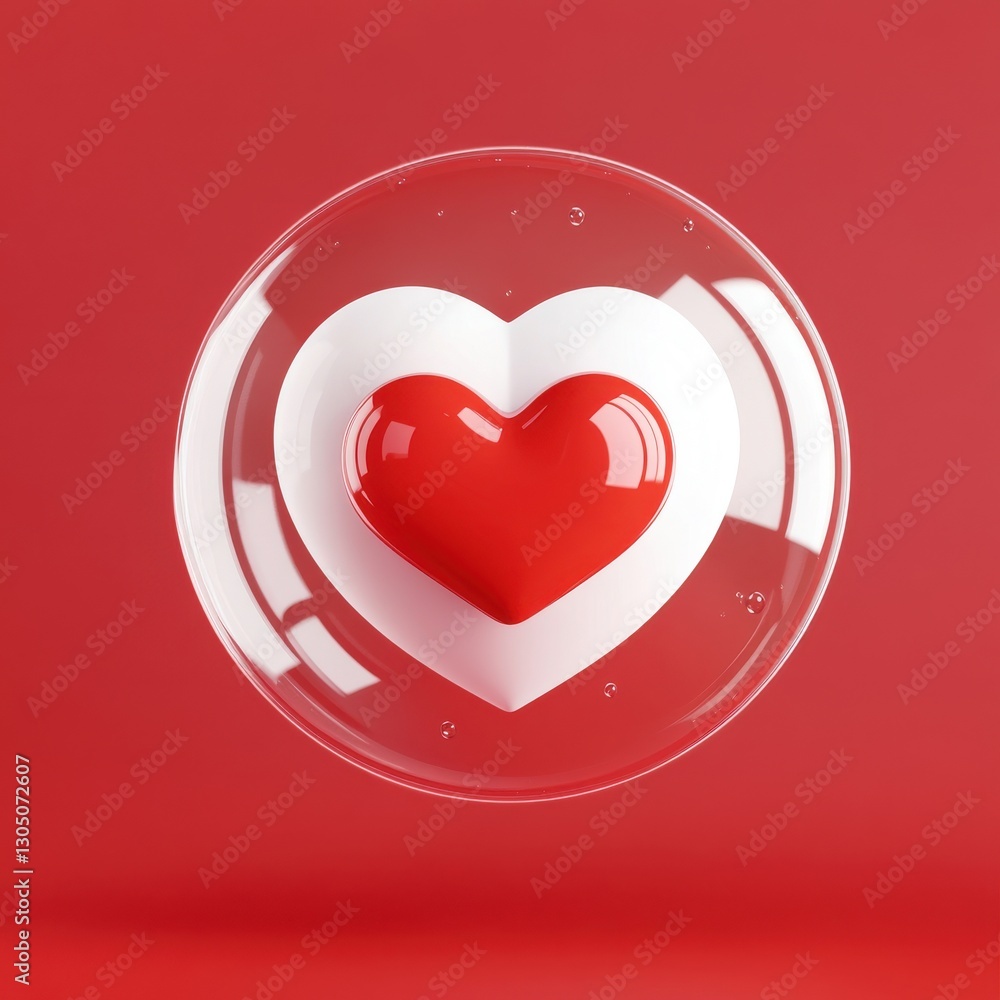 Poster 3d rendering of a red heart inside a transparent bubble on a vibrant red background for creative val