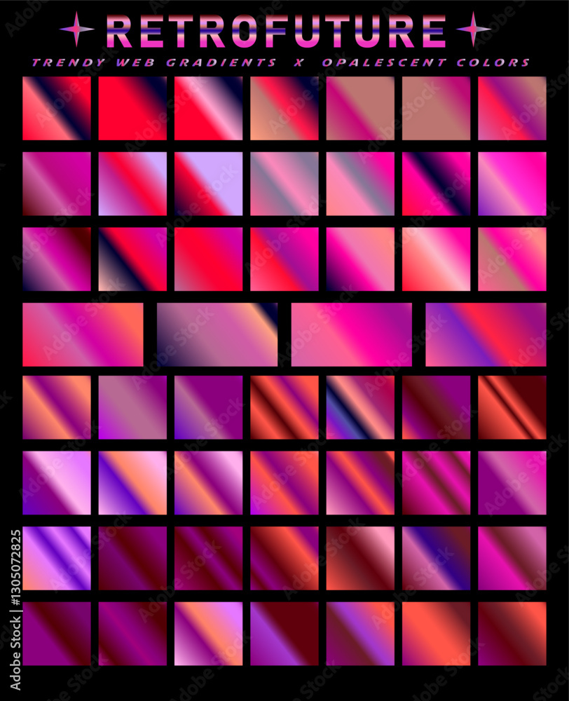 Poster bold vector illustration featuring a diverse collection of vibrant chrome gradients. arrayed in a gr